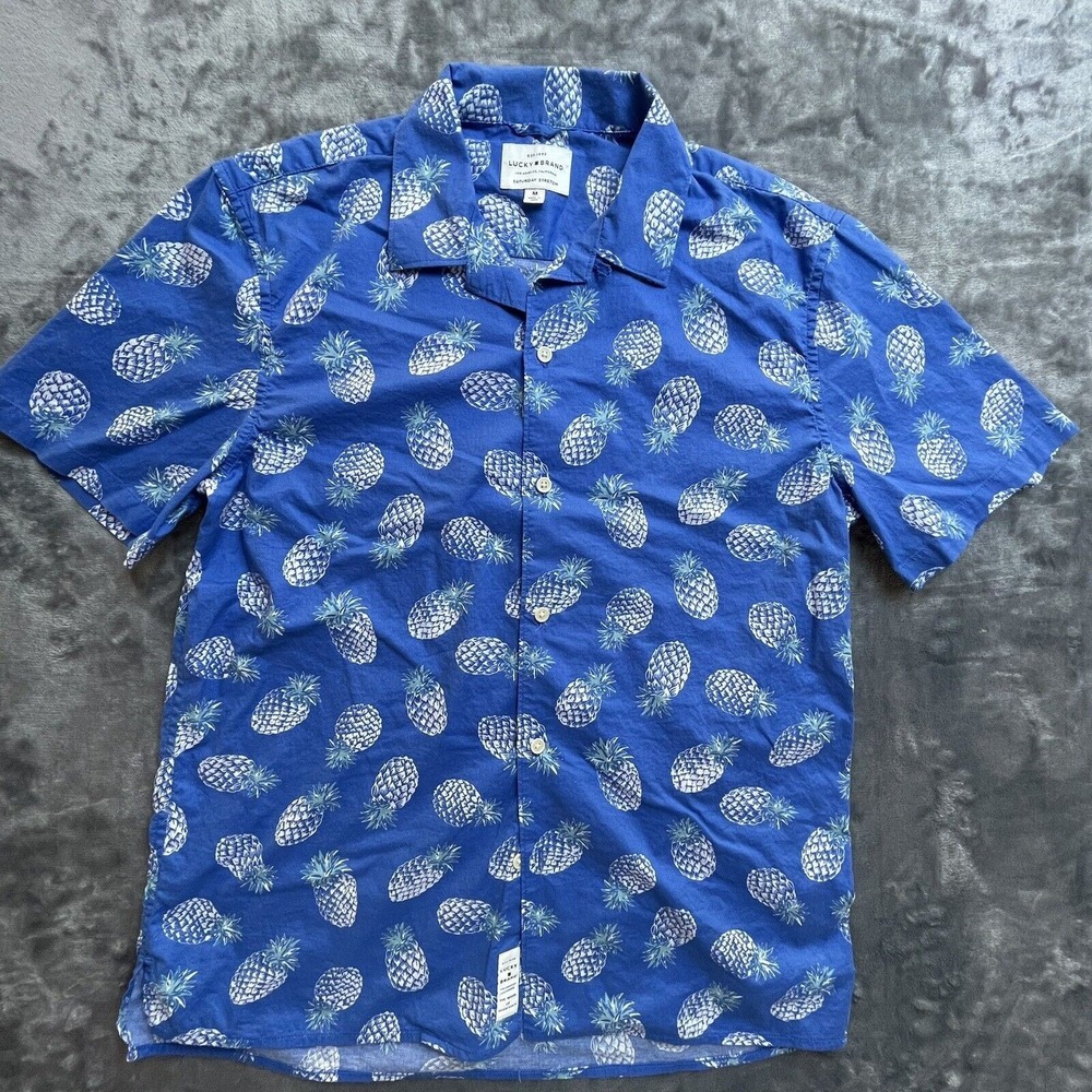 Lucky Brand Shirt Mens Medium Saturday Stretch Blue‎ Pineapple Hawaiian Fun Prep